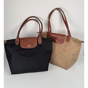 Longchamp Le Pliage Bundle Black/Tan Shop Tote Bag Leather Canvas Casual Classic